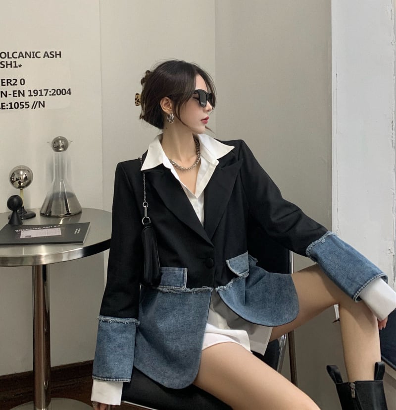 ジャケット テーラードジャケット デニム チェック柄 異素材切替 ドッキング アウター 羽織り