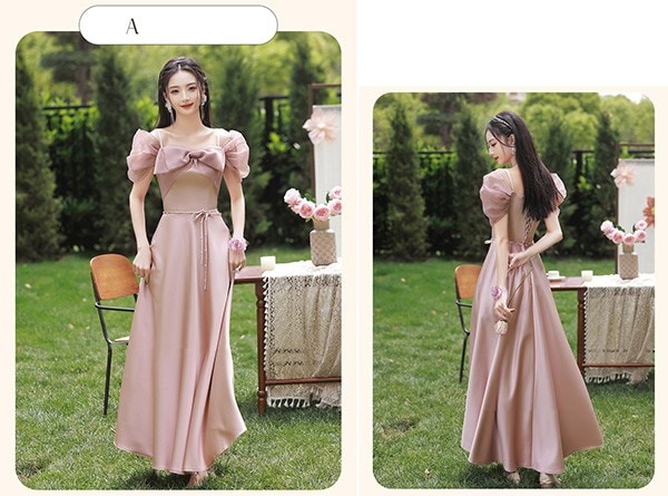 ブライズメイド ドレス ロング丈 ピンク サテンドレス 袖付き 二次会 大きいサイズ 結婚式 体型カバー 半袖 フリル オフショルダー 謝恩会 二次会 卒業式 花嫁 ピアノ 発表会 ドレス 演奏会 2