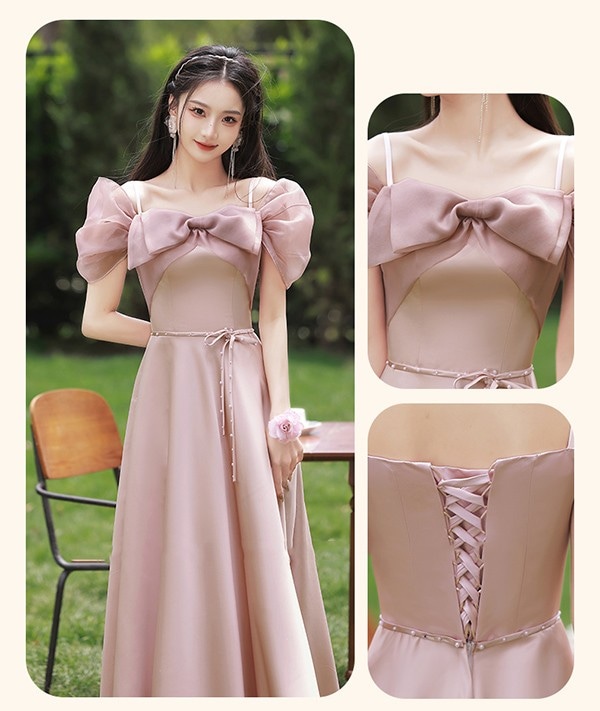 ブライズメイド ドレス ロング丈 ピンク サテンドレス 袖付き 二次会 大きいサイズ 結婚式 体型カバー 半袖 フリル オフショルダー 謝恩会 二次会 卒業式 花嫁 ピアノ 発表会 ドレス 演奏会 2