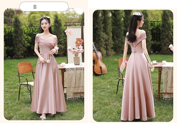 ブライズメイド ドレス ロング丈 ピンク サテンドレス 袖付き 二次会 大きいサイズ 結婚式 体型カバー 半袖 フリル オフショルダー 謝恩会 二次会 卒業式 花嫁 ピアノ 発表会 ドレス 演奏会 2