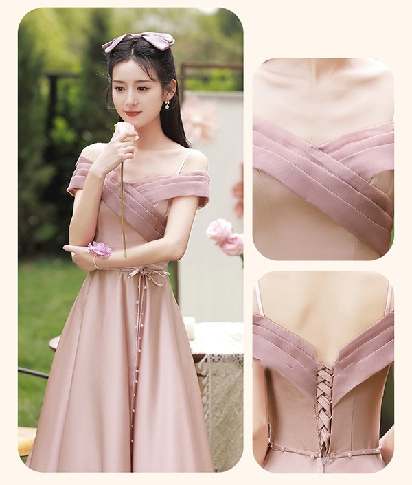 ブライズメイド ドレス ロング丈 ピンク サテンドレス 袖付き 二次会 大きいサイズ 結婚式 体型カバー 半袖 フリル オフショルダー 謝恩会 二次会 卒業式 花嫁 ピアノ 発表会 ドレス 演奏会 2