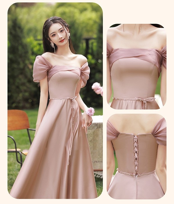 ブライズメイド ドレス ロング丈 ピンク サテンドレス 袖付き 二次会 大きいサイズ 結婚式 体型カバー 半袖 フリル オフショルダー 謝恩会 二次会 卒業式 花嫁 ピアノ 発表会 ドレス 演奏会 2