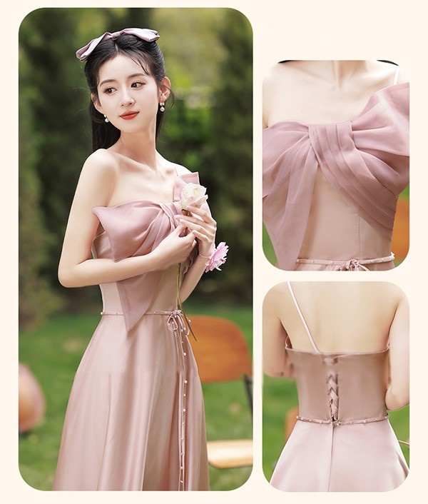 ブライズメイド ドレス ロング丈 ピンク サテンドレス 袖付き 二次会 大きいサイズ 結婚式 体型カバー 半袖 フリル オフショルダー 謝恩会 二次会 卒業式 花嫁 ピアノ 発表会 ドレス 演奏会 2