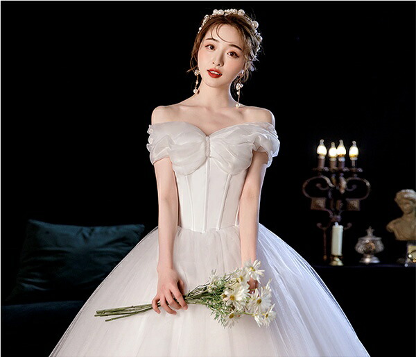 ウェディングドレス 花嫁 オフショルダー 袖あり ボリューム袖 ポワン