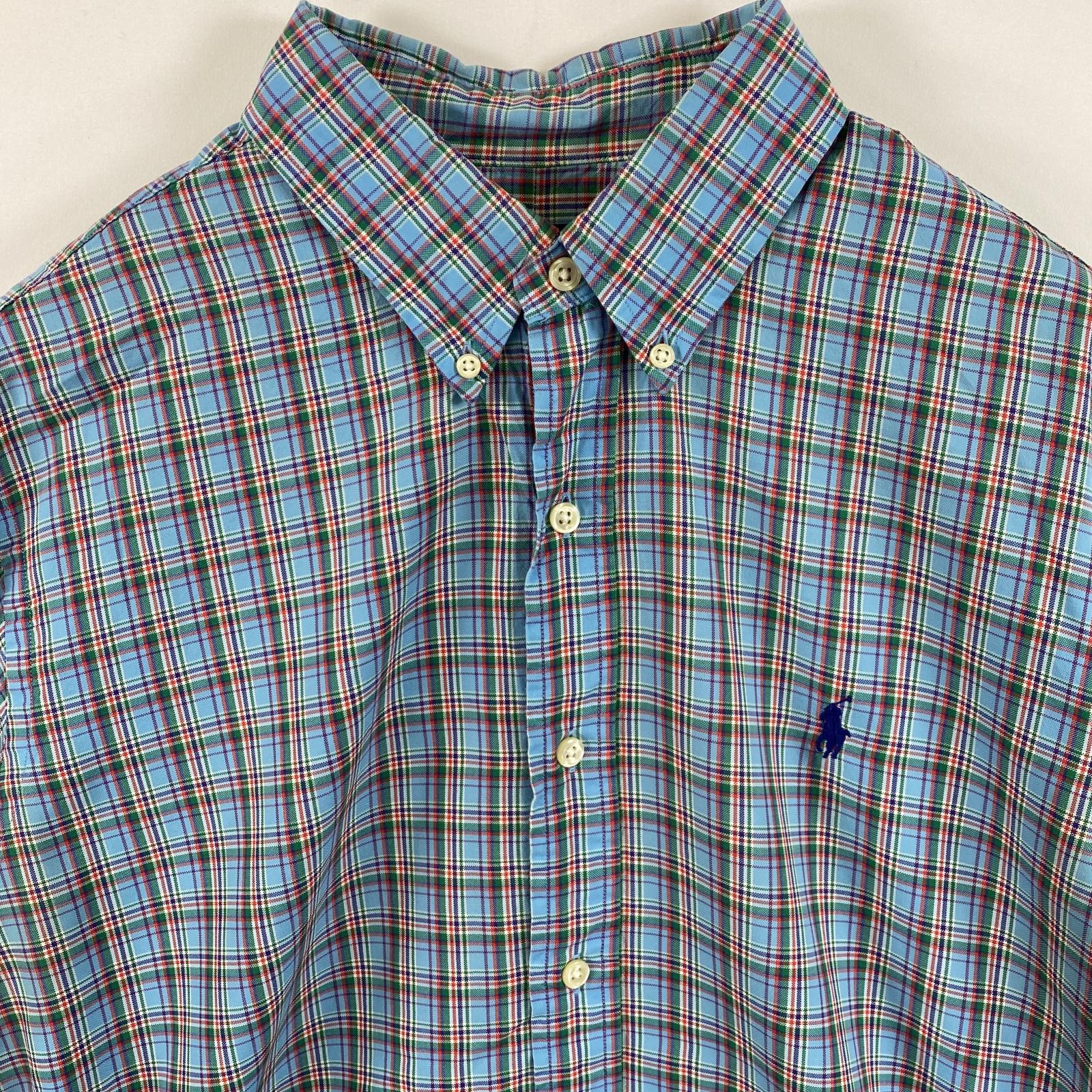 古着 長袖シャツ ボタンダウン ロゴ刺繍 ワンポイント L ブルー系 チェック メンズ