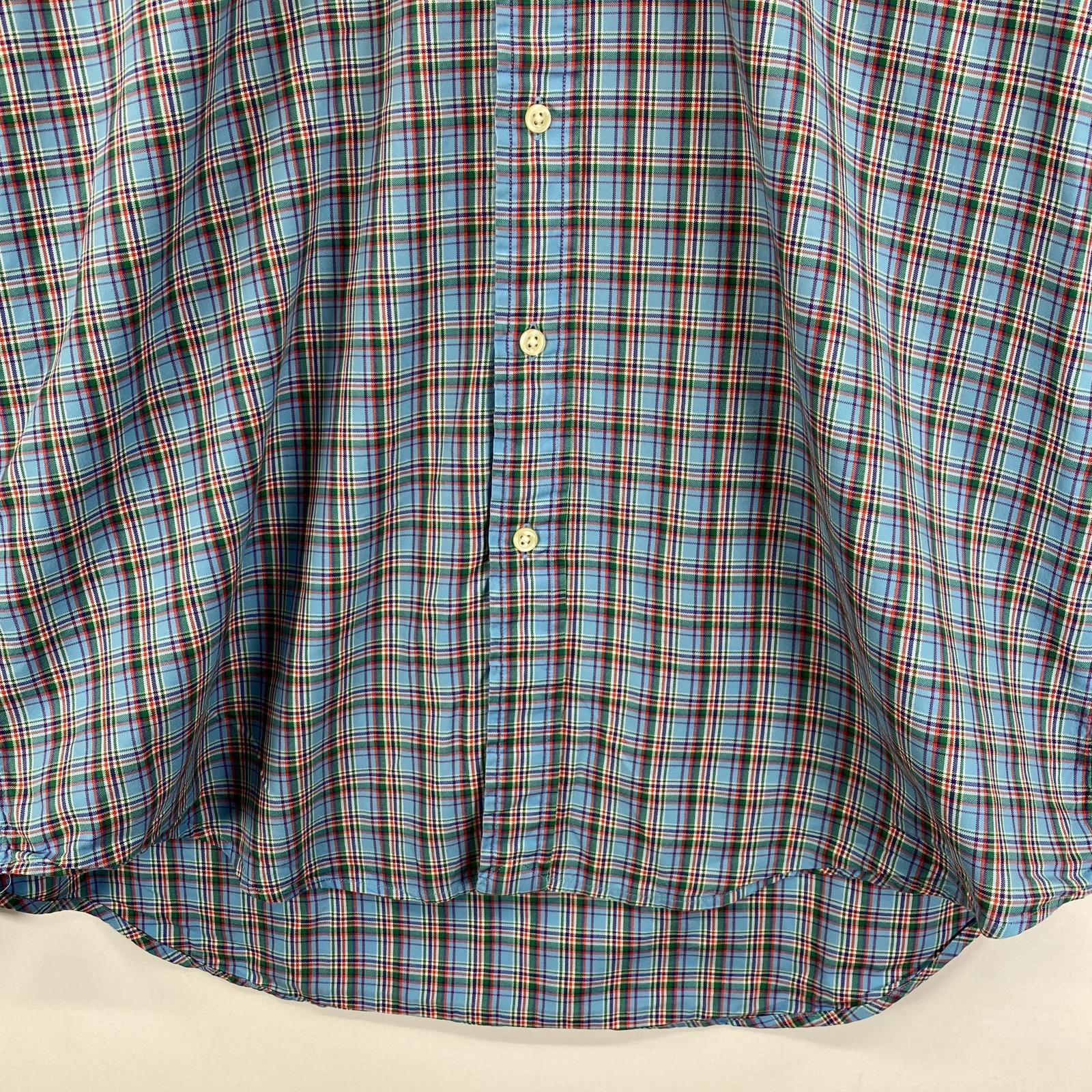 古着 長袖シャツ ボタンダウン ロゴ刺繍 ワンポイント L ブルー系 チェック メンズ