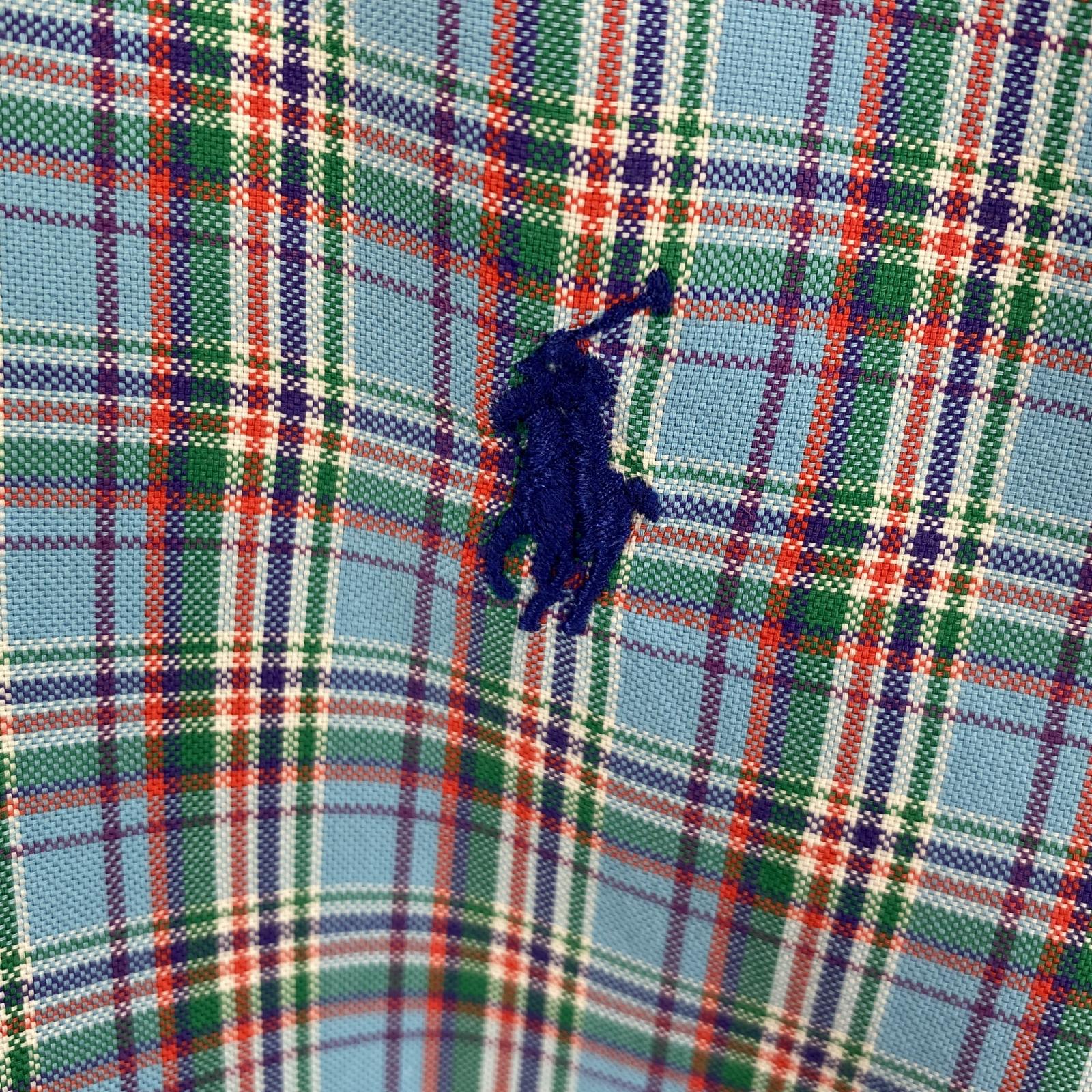 古着 長袖シャツ ボタンダウン ロゴ刺繍 ワンポイント L ブルー系 チェック メンズ