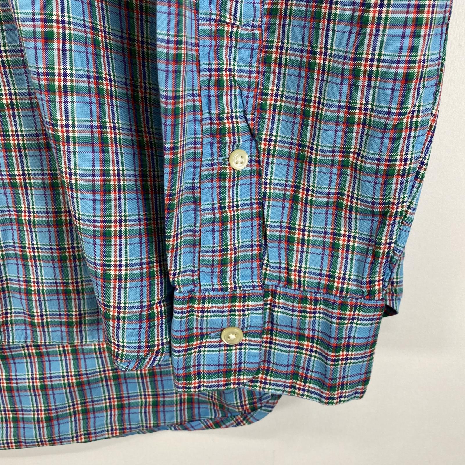 古着 長袖シャツ ボタンダウン ロゴ刺繍 ワンポイント L ブルー系 チェック メンズ