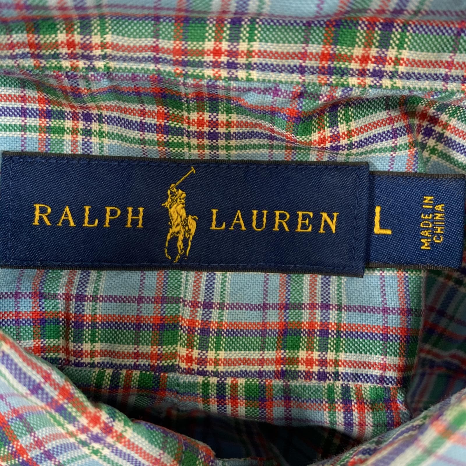 古着 長袖シャツ ボタンダウン ロゴ刺繍 ワンポイント L ブルー系 チェック メンズ