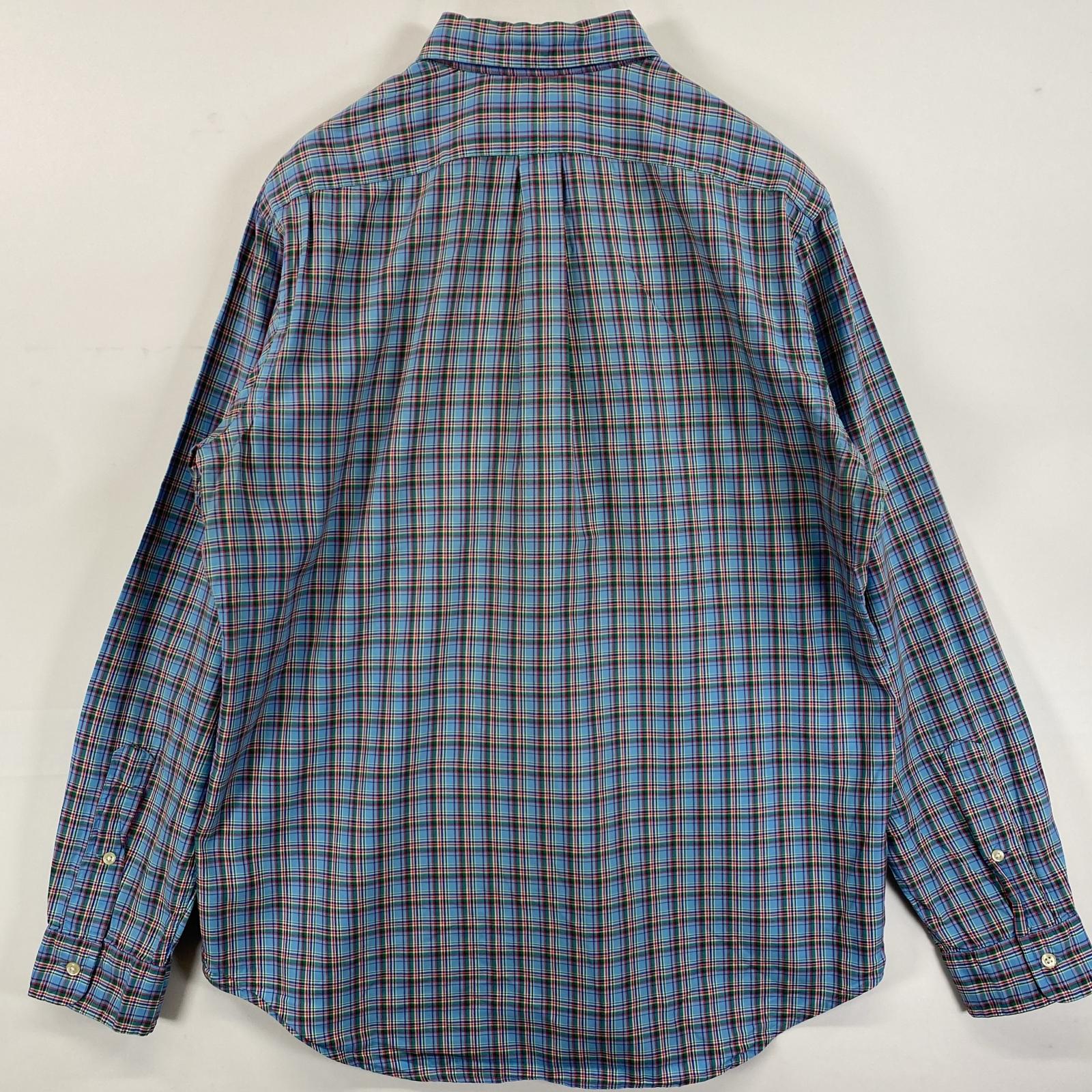古着 長袖シャツ ボタンダウン ロゴ刺繍 ワンポイント L ブルー系 チェック メンズ