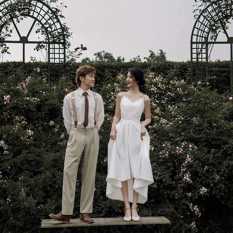 前短后長繻子面軽ウエディングドレス新モデル夏旅拍簡約小背出門纱小礼装 前短后長繻子面軽ウエディングドレス新モデル夏旅拍簡約小背出門纱小礼装