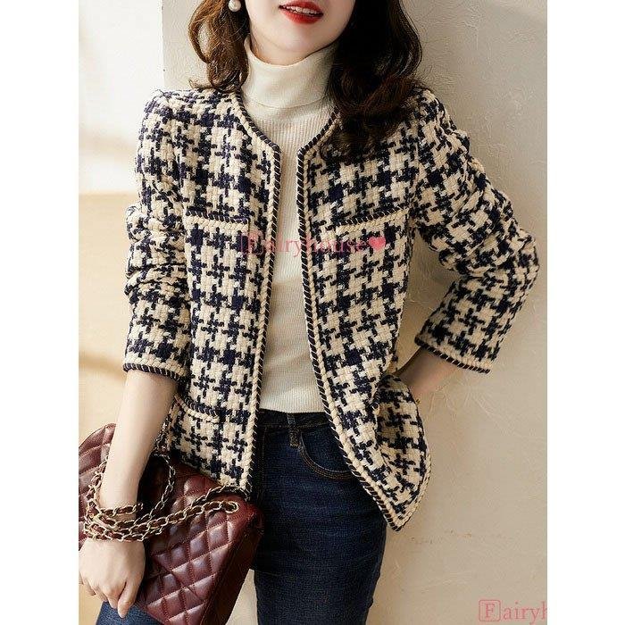 ブレザージャケット レディース 秋新作 長袖ツイードブレザー ノーカラージャケット カーディガン チェック柄アウター 韓国風 オシャレ大人 通勤 着痩せ