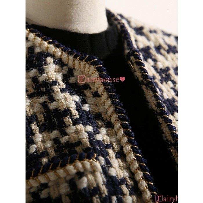 ブレザージャケット レディース 秋新作 長袖ツイードブレザー ノーカラージャケット カーディガン チェック柄アウター 韓国風 オシャレ大人 通勤 着痩せ