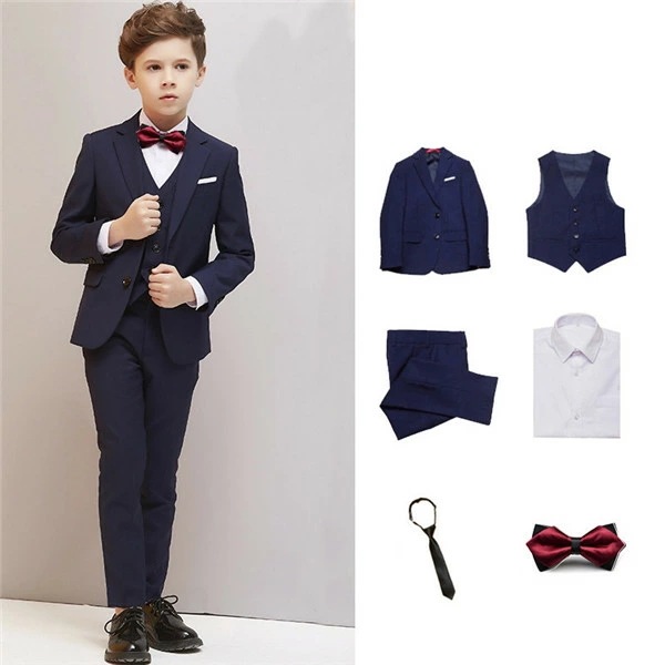 子供スーツ 卒業式 演奏会 結婚式 フォーマル キッズスーツ タキシード ジュニア 七五三 ピアノ発表会 入学式 制服 入園式 6点セットブラック ブルー 男の子 靴追加可 100 110 120 1