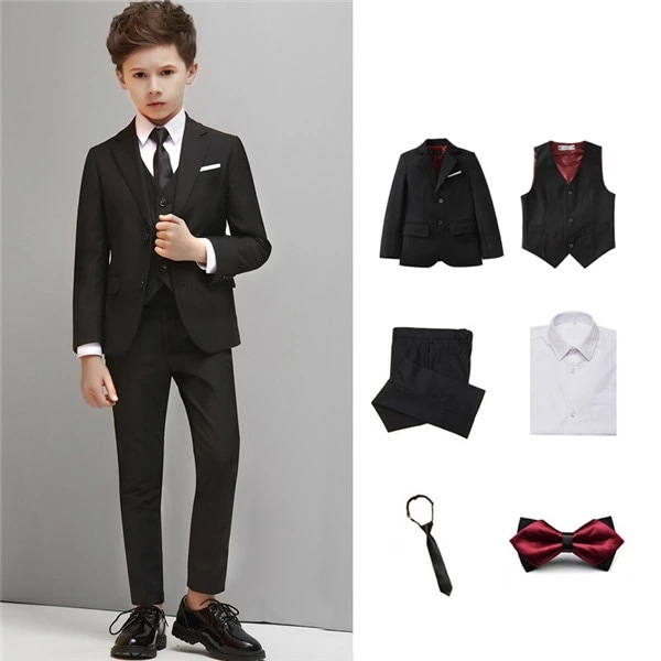 子供スーツ 卒業式 演奏会 結婚式 フォーマル キッズスーツ タキシード ジュニア 七五三 ピアノ発表会 入学式 制服 入園式 6点セットブラック ブルー 男の子 靴追加可 100 110 120 1