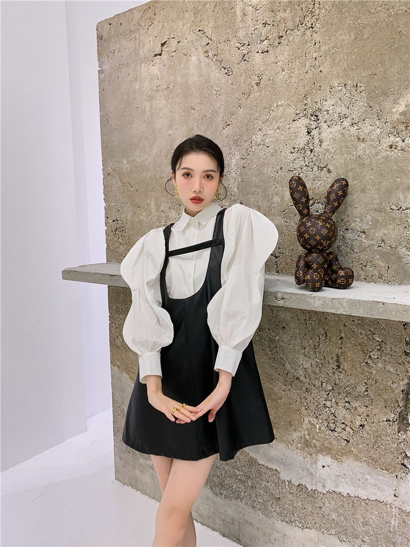 セット デザイン ワンピース ブラウス ジャンパースカート ミニ丈 袖あり 長袖 ボリュームスリーブ 襟付き シャツカラー ビッグカラー デザイン 美ライン ニュアンス レザー PU 起毛 ツーピース セット デザイン ワンピース ブラウス ジャンパースカート ミニ丈 袖あり 長袖 ボリュームスリーブ 襟付き シャツカラー ビッグカラー デザイン 美ライン ニュアンス レザー PU 起毛 ツーピース