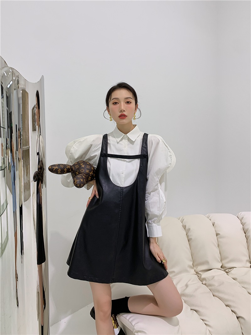 セット デザイン ワンピース ブラウス ジャンパースカート ミニ丈 袖あり 長袖 ボリュームスリーブ 襟付き シャツカラー ビッグカラー デザイン 美ライン ニュアンス レザー PU 起毛 ツーピース セット デザイン ワンピース ブラウス ジャンパースカート ミニ丈 袖あり 長袖 ボリュームスリーブ 襟付き シャツカラー ビッグカラー デザイン 美ライン ニュアンス レザー PU 起毛 ツーピース