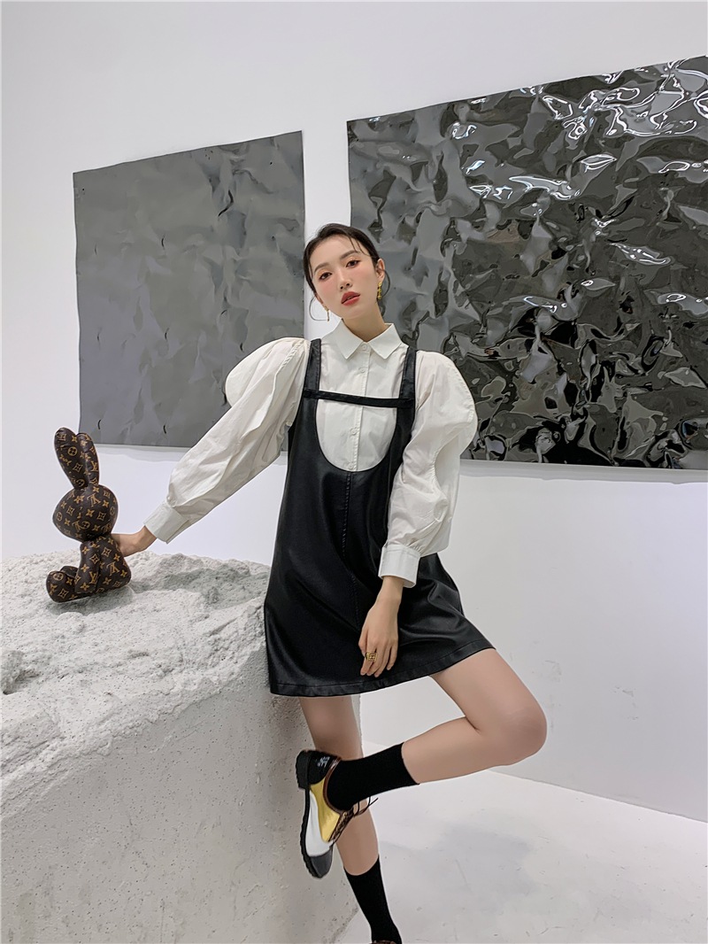 セット デザイン ワンピース ブラウス ジャンパースカート ミニ丈 袖あり 長袖 ボリュームスリーブ 襟付き シャツカラー ビッグカラー デザイン 美ライン ニュアンス レザー PU 起毛 ツーピース セット デザイン ワンピース ブラウス ジャンパースカート ミニ丈 袖あり 長袖 ボリュームスリーブ 襟付き シャツカラー ビッグカラー デザイン 美ライン ニュアンス レザー PU 起毛 ツーピース