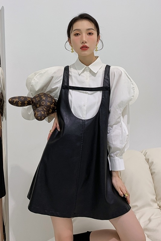 セット デザイン ワンピース ブラウス ジャンパースカート ミニ丈 袖あり 長袖 ボリュームスリーブ 襟付き シャツカラー ビッグカラー デザイン 美ライン ニュアンス レザー PU 起毛 ツーピース セット デザイン ワンピース ブラウス ジャンパースカート ミニ丈 袖あり 長袖 ボリュームスリーブ 襟付き シャツカラー ビッグカラー デザイン 美ライン ニュアンス レザー PU 起毛 ツーピース