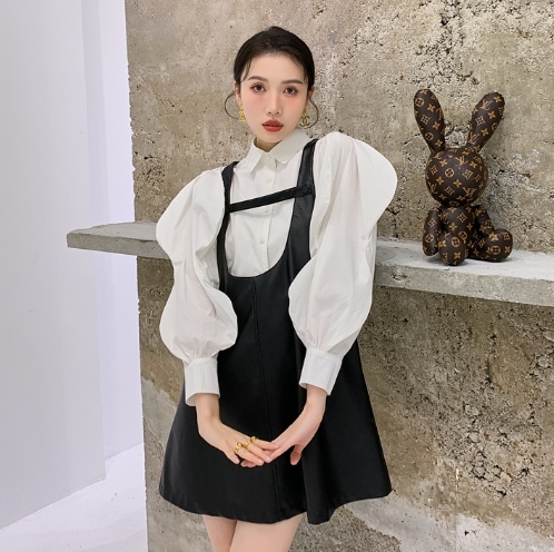 セット デザイン ワンピース ブラウス ジャンパースカート ミニ丈 袖あり 長袖 ボリュームスリーブ 襟付き シャツカラー ビッグカラー デザイン 美ライン ニュアンス レザー PU 起毛 ツーピース セット デザイン ワンピース ブラウス ジャンパースカート ミニ丈 袖あり 長袖 ボリュームスリーブ 襟付き シャツカラー ビッグカラー デザイン 美ライン ニュアンス レザー PU 起毛 ツーピース