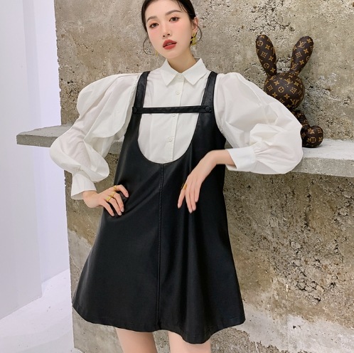 セット デザイン ワンピース ブラウス ジャンパースカート ミニ丈 袖あり 長袖 ボリュームスリーブ 襟付き シャツカラー ビッグカラー デザイン 美ライン ニュアンス レザー PU 起毛 ツーピース セット デザイン ワンピース ブラウス ジャンパースカート ミニ丈 袖あり 長袖 ボリュームスリーブ 襟付き シャツカラー ビッグカラー デザイン 美ライン ニュアンス レザー PU 起毛 ツーピース