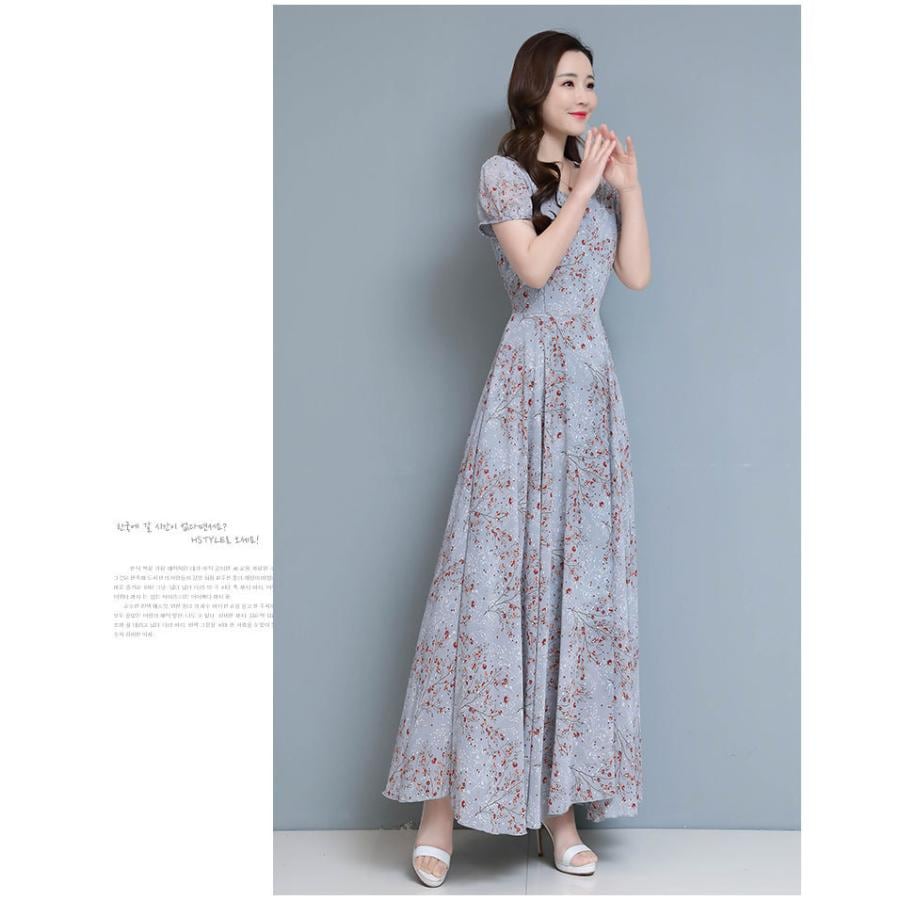 ワンピース レディース マキシワンピース 春夏 半袖ワンピース 花柄シフォン Vネック フレアスカート ひざ下 オシャレ結婚式ドレス お出かけ大きいサイズ