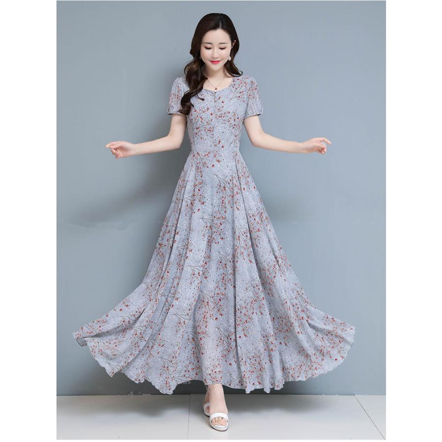 ワンピース レディース マキシワンピース 春夏 半袖ワンピース 花柄シフォン Vネック フレアスカート ひざ下 オシャレ結婚式ドレス お出かけ大きいサイズ