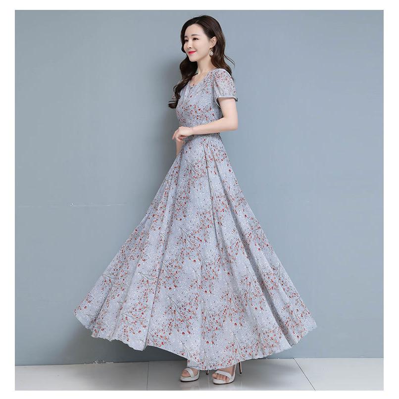 ワンピース レディース マキシワンピース 春夏 半袖ワンピース 花柄シフォン Vネック フレアスカート ひざ下 オシャレ結婚式ドレス お出かけ大きいサイズ