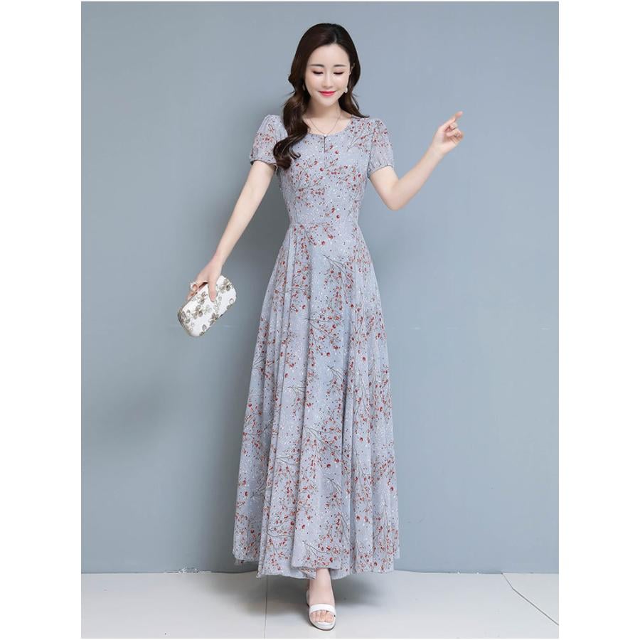 ワンピース レディース マキシワンピース 春夏 半袖ワンピース 花柄シフォン Vネック フレアスカート ひざ下 オシャレ結婚式ドレス お出かけ大きいサイズ