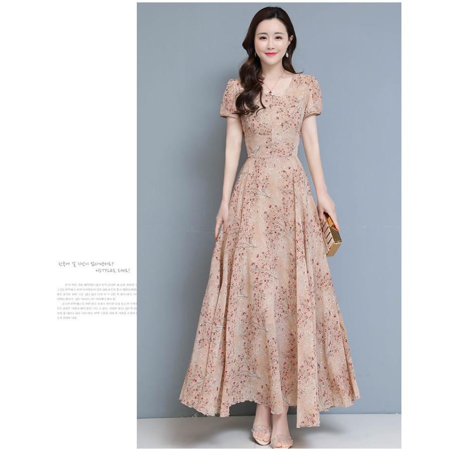 ワンピース レディース マキシワンピース 春夏 半袖ワンピース 花柄シフォン Vネック フレアスカート ひざ下 オシャレ結婚式ドレス お出かけ大きいサイズ