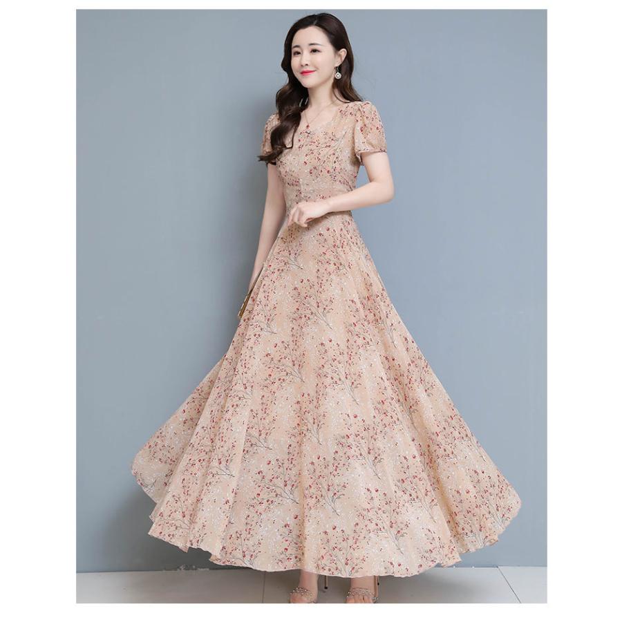 ワンピース レディース マキシワンピース 春夏 半袖ワンピース 花柄シフォン Vネック フレアスカート ひざ下 オシャレ結婚式ドレス お出かけ大きいサイズ