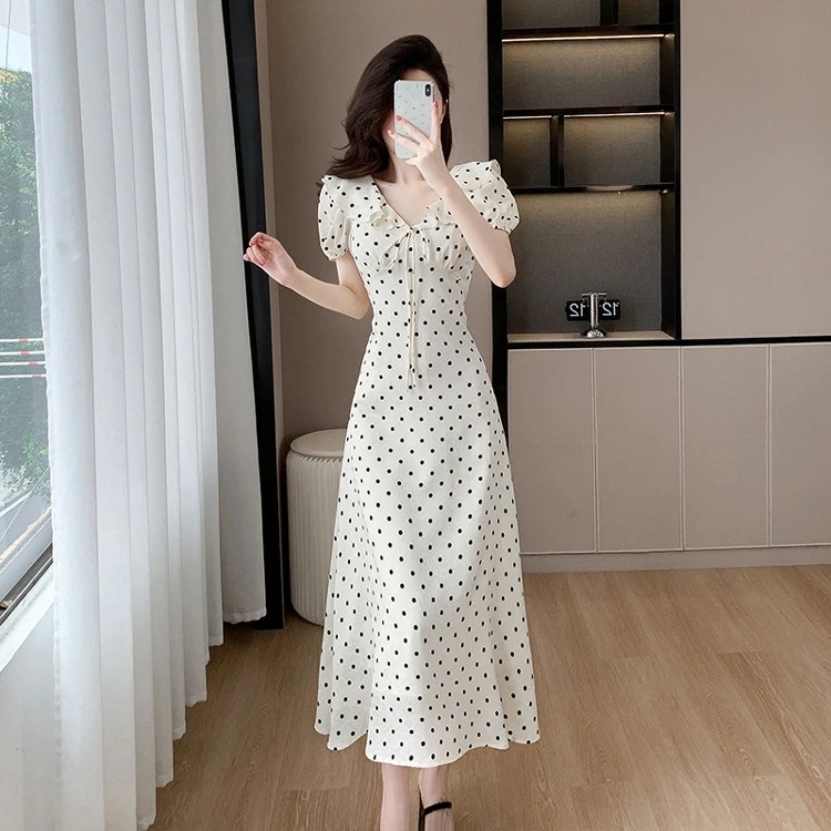 ワンピース 全2色 ドット柄 フリル 花柄 リボン ゴム袖 パーティードレス ワンピース Aライン ワンピース キュート 半袖 ロング丈 ロングワンピース きれいめ おしゃれ 上品 エレガント 春 夏