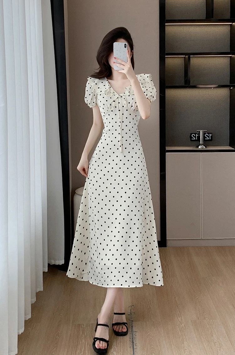 ワンピース 全2色 ドット柄 フリル 花柄 リボン ゴム袖 パーティードレス ワンピース Aライン ワンピース キュート 半袖 ロング丈 ロングワンピース きれいめ おしゃれ 上品 エレガント 春 夏