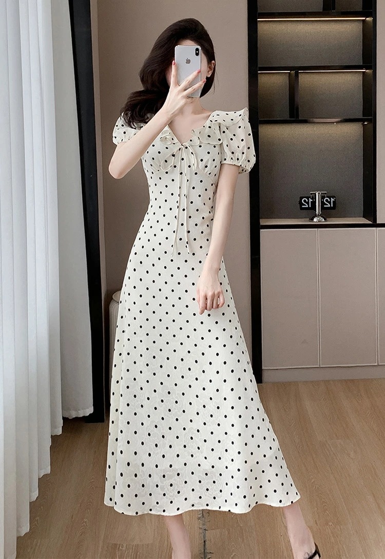 ワンピース 全2色 ドット柄 フリル 花柄 リボン ゴム袖 パーティードレス ワンピース Aライン ワンピース キュート 半袖 ロング丈 ロングワンピース きれいめ おしゃれ 上品 エレガント 春 夏