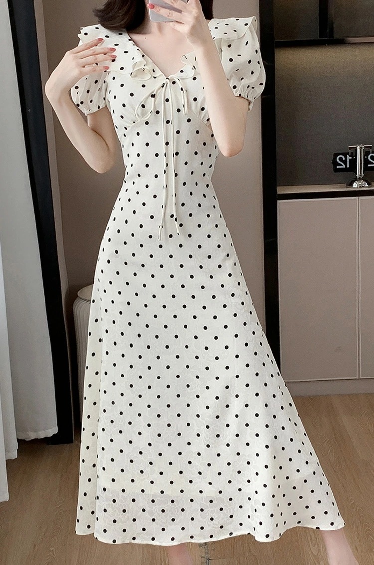 ワンピース 全2色 ドット柄 フリル 花柄 リボン ゴム袖 パーティードレス ワンピース Aライン ワンピース キュート 半袖 ロング丈 ロングワンピース きれいめ おしゃれ 上品 エレガント 春 夏