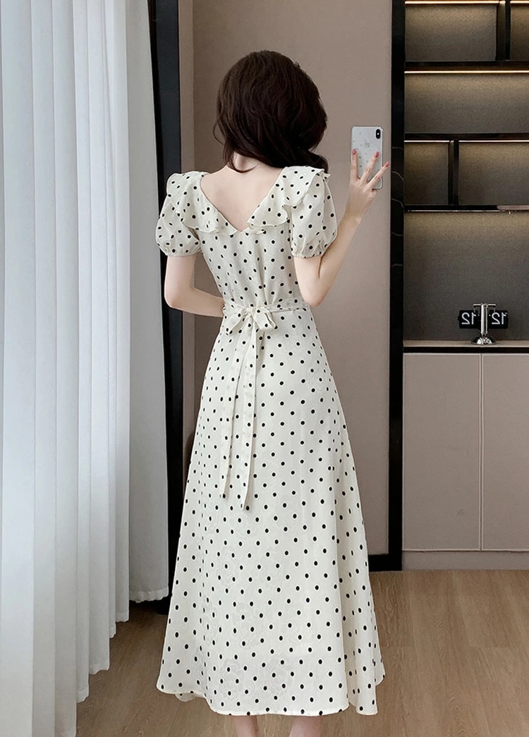 ワンピース 全2色 ドット柄 フリル 花柄 リボン ゴム袖 パーティードレス ワンピース Aライン ワンピース キュート 半袖 ロング丈 ロングワンピース きれいめ おしゃれ 上品 エレガント 春 夏
