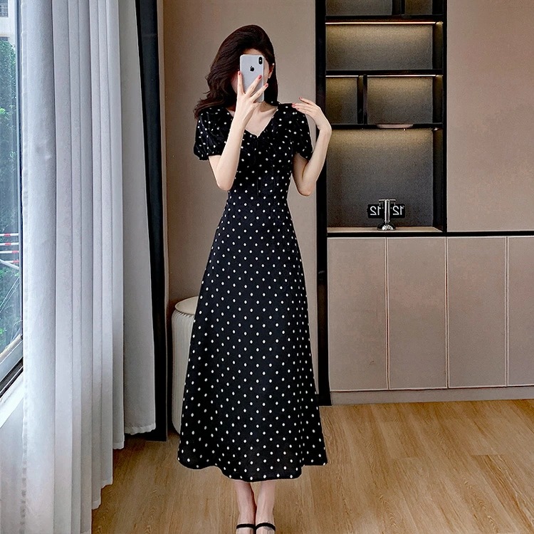 ワンピース 全2色 ドット柄 フリル 花柄 リボン ゴム袖 パーティードレス ワンピース Aライン ワンピース キュート 半袖 ロング丈 ロングワンピース きれいめ おしゃれ 上品 エレガント 春 夏