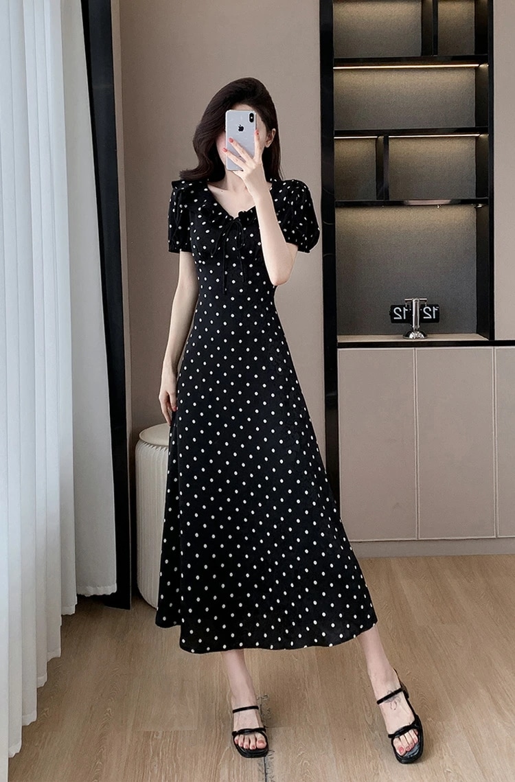 ワンピース 全2色 ドット柄 フリル 花柄 リボン ゴム袖 パーティードレス ワンピース Aライン ワンピース キュート 半袖 ロング丈 ロングワンピース きれいめ おしゃれ 上品 エレガント 春 夏