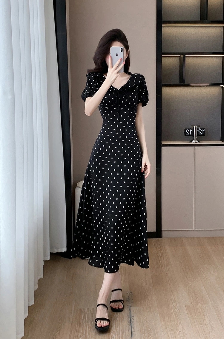 ワンピース 全2色 ドット柄 フリル 花柄 リボン ゴム袖 パーティードレス ワンピース Aライン ワンピース キュート 半袖 ロング丈 ロングワンピース きれいめ おしゃれ 上品 エレガント 春 夏