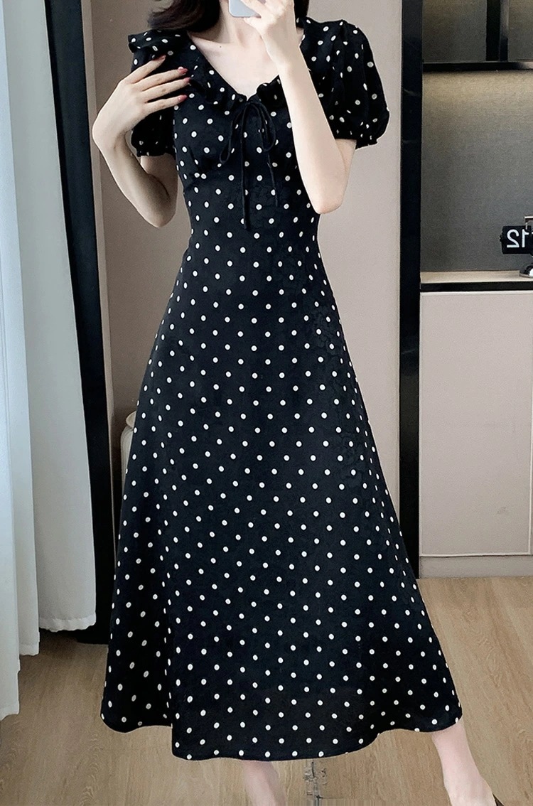 ワンピース 全2色 ドット柄 フリル 花柄 リボン ゴム袖 パーティードレス ワンピース Aライン ワンピース キュート 半袖 ロング丈 ロングワンピース きれいめ おしゃれ 上品 エレガント 春 夏