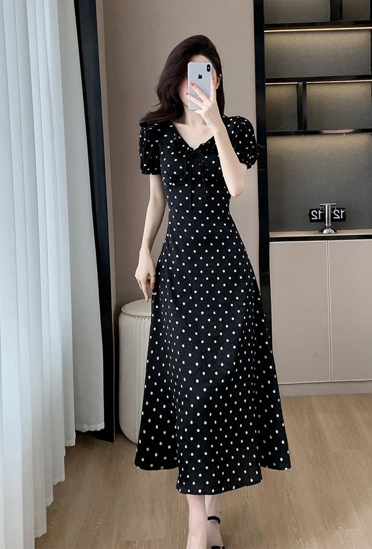 ワンピース 全2色 ドット柄 フリル 花柄 リボン ゴム袖 パーティードレス ワンピース Aライン ワンピース キュート 半袖 ロング丈 ロングワンピース きれいめ おしゃれ 上品 エレガント 春 夏