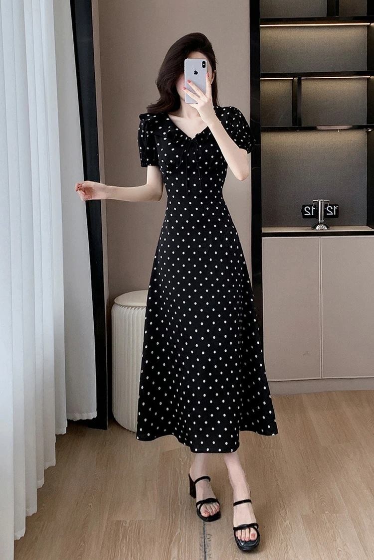 ワンピース 全2色 ドット柄 フリル 花柄 リボン ゴム袖 パーティードレス ワンピース Aライン ワンピース キュート 半袖 ロング丈 ロングワンピース きれいめ おしゃれ 上品 エレガント 春 夏