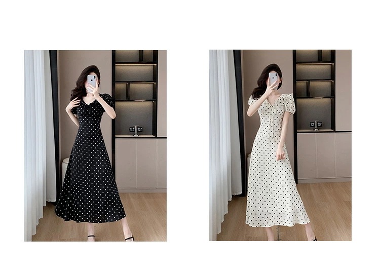 ワンピース 全2色 ドット柄 フリル 花柄 リボン ゴム袖 パーティードレス ワンピース Aライン ワンピース キュート 半袖 ロング丈 ロングワンピース きれいめ おしゃれ 上品 エレガント 春 夏
