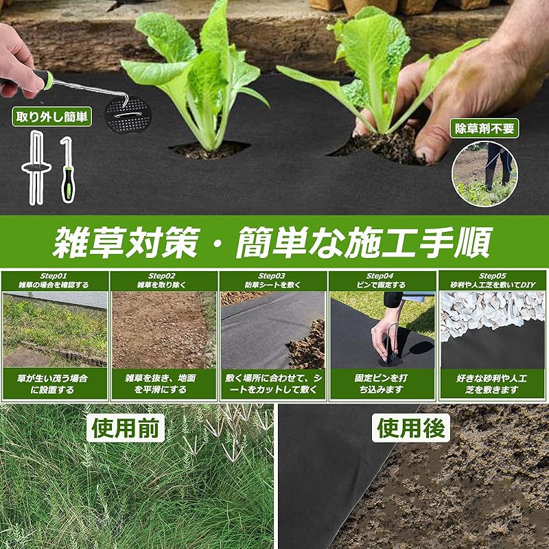 【国内即発】ｓｏｌａａｙ 雑草防止シート 1x50m 防草シート 厚手 雑草対策 不織布 高密度140ｇ/ 透水シート Uピン杭ピン100本と黒丸100枚 防草 シート 人工芝 耐久 園芸用防草シー