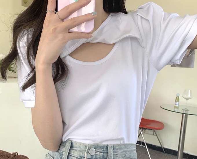 2way レディース トップス カットソー プルオーバー Tシャツ ショート クロップド丈 半袖 ラウンドネック かわいい シンプル カジュアル おしゃれ かっこいい ラフ ボーイッシュ ルーズ