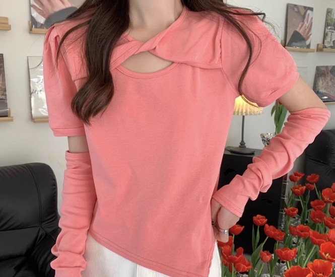 2way レディース トップス カットソー プルオーバー Tシャツ ショート クロップド丈 半袖 ラウンドネック かわいい シンプル カジュアル おしゃれ かっこいい ラフ ボーイッシュ ルーズ