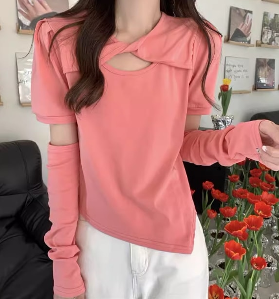 2way レディース トップス カットソー プルオーバー Tシャツ ショート クロップド丈 半袖 ラウンドネック かわいい シンプル カジュアル おしゃれ かっこいい ラフ ボーイッシュ ルーズ