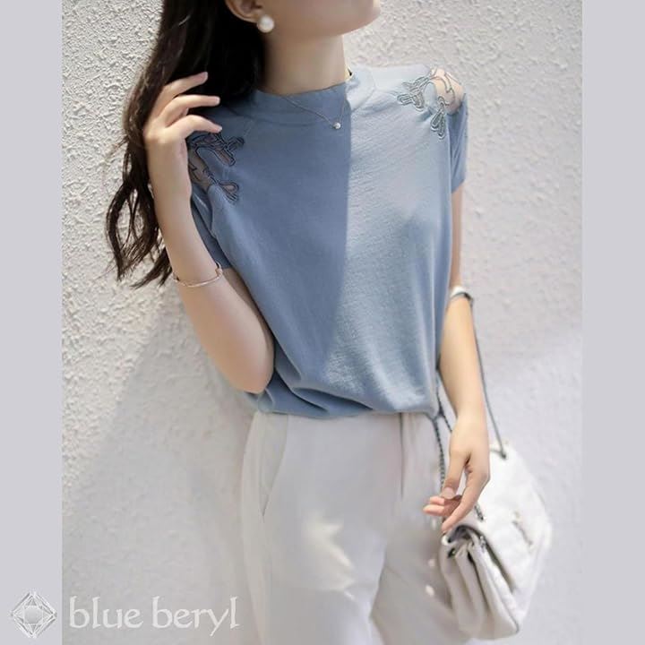 サマーニット レディース トップス 半袖 レース切り替え シースルー ラウンドネック 薄手 涼ニット ラウンドネックニット 清楚系 ニットトップス 大人 すっきり(ブルー, M) サマーニット レディース トップス 半袖 レース切り替え シースルー ラウンドネック 薄手 涼ニット ラウンドネックニット 清楚系 ニットトップス 大人 すっきり(ブルー, M)