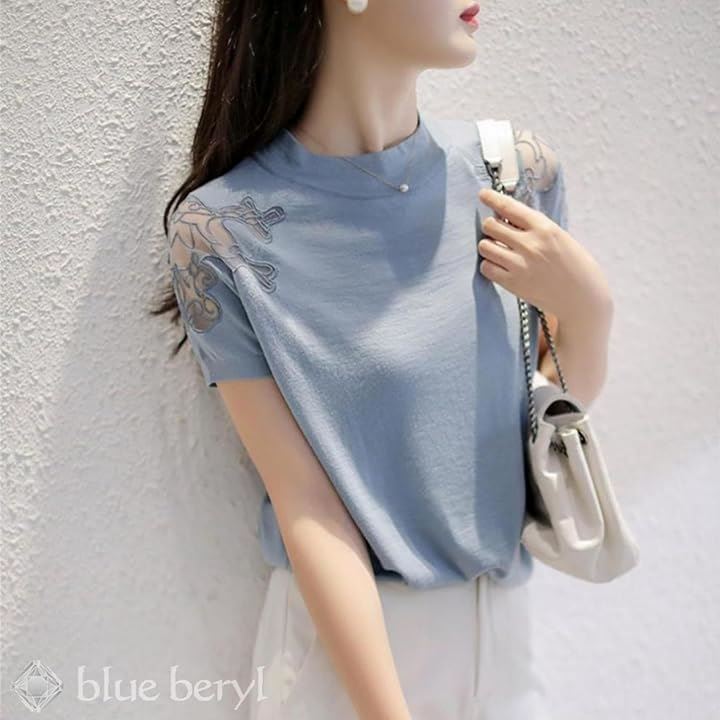 サマーニット レディース トップス 半袖 レース切り替え シースルー ラウンドネック 薄手 涼ニット ラウンドネックニット 清楚系 ニットトップス 大人 すっきり(ブルー, M) サマーニット レディース トップス 半袖 レース切り替え シースルー ラウンドネック 薄手 涼ニット ラウンドネックニット 清楚系 ニットトップス 大人 すっきり(ブルー, M)