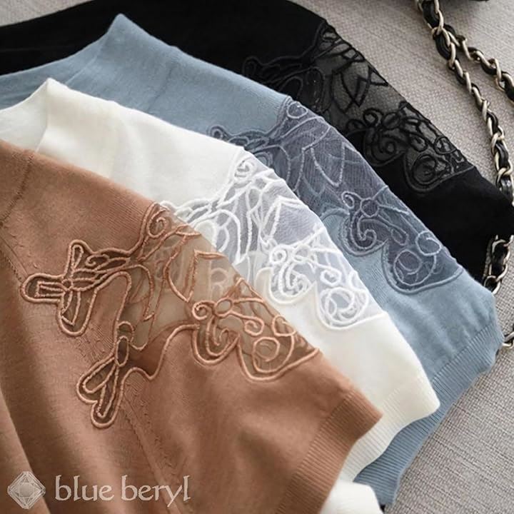 サマーニット レディース トップス 半袖 レース切り替え シースルー ラウンドネック 薄手 涼ニット ラウンドネックニット 清楚系 ニットトップス 大人 すっきり(ブルー, M) サマーニット レディース トップス 半袖 レース切り替え シースルー ラウンドネック 薄手 涼ニット ラウンドネックニット 清楚系 ニットトップス 大人 すっきり(ブルー, M)